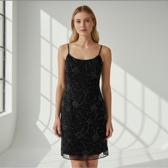 Vintage 90s Y2K Beaded Mini Black Dress - Picture 2 of 6